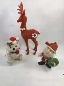 Statuine Natalizie Vintage Finto Velluto Floccato Babbo Natale Orso Renne Set 3 - Foto 1 di 11