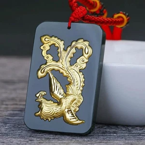 32*50Mm Natural Exquisite Gold Inlaid with Jade Phoenix Pendant Aaaa A1 - Picture 1 of 1
