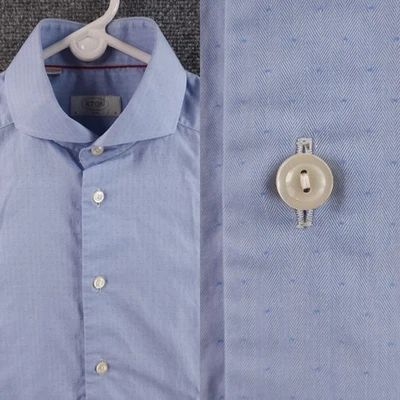 Eton Romania 15 Slim All Cotton Herringbone Blue Mens Button Up Convertible Cuff - Image 1 of 4
