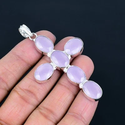 Ciondolo croce regalo ovale pietra preziosa argento sterling 925 calcedonio... - Immagine 1 di 4