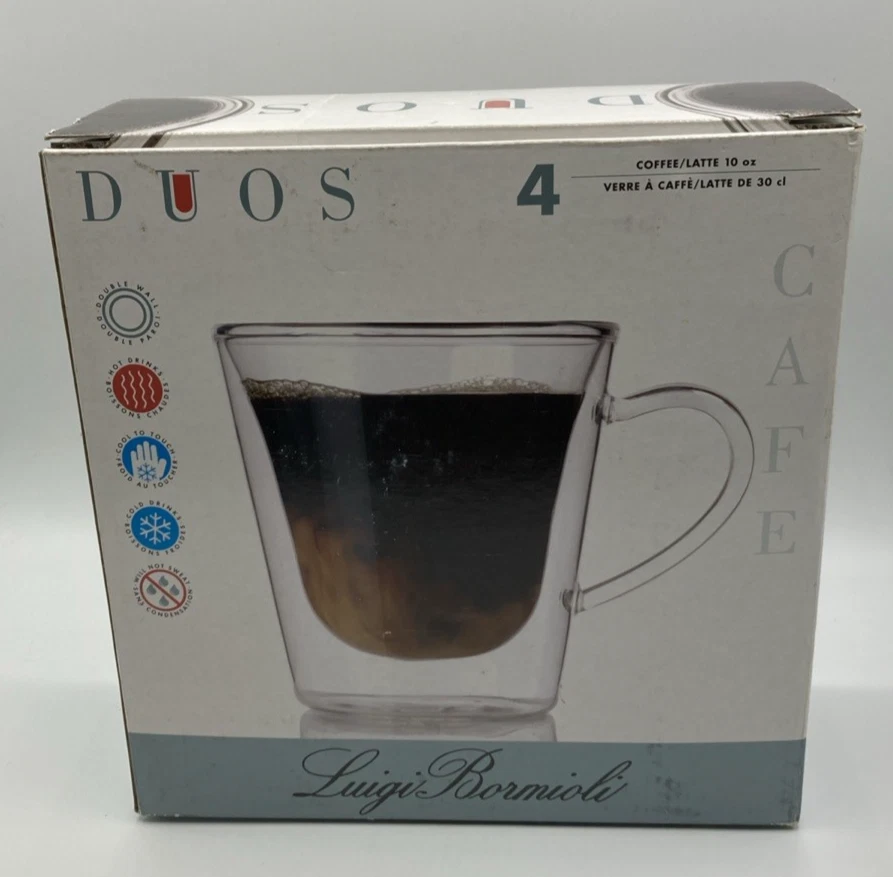 Juego de 4 tazas de café espresso de vidrio Luigi Bormioli Duos 10 oz. Nuevo en caja Foto 1 de 1