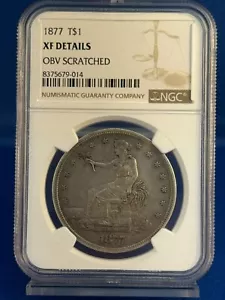 1877 $1 Commercio Argento Dollaro XF Dettaglio Dritto Graffiato NGC - Foto 1 di 4