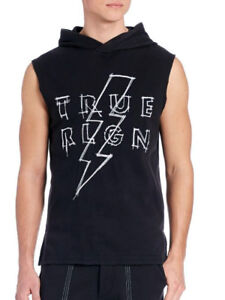 True Religion Men's Triple Needle Muscle Pullover Bolt Hoodie Black MC602VE2