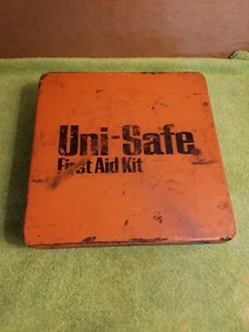 Vintage UNI-SAFE Erste Hilfe Set orange/blau Metallbox mit teilweisem Originalinhalt. - Bild 1 von 8