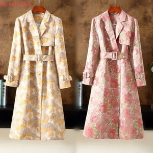 Gabardina de jacquard con cuello de solapa para mujer de longitud media con cinturón abrigo floral - Imagen 1 de 16