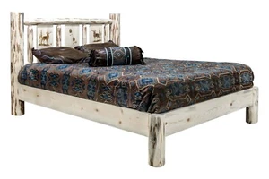 LOG QUEEN Platform Bed Rustic Etching Western Unique Deer Wolves Wood Carving - Picture 1 of 15