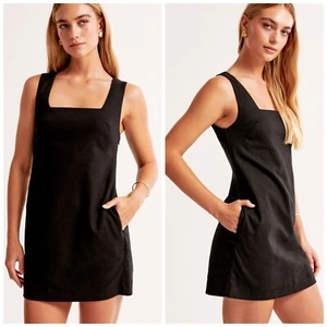 Abito Abercrombie & Fitch XL lino scollo quadrato nero senza maniche minimalista nuovo con etichette - Foto 1 di 8