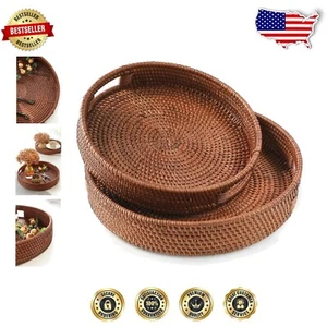 Rustic Brown Rattan Serving Trays with Handles - Perfect for Gifts & Decor - Picture 1 of 8