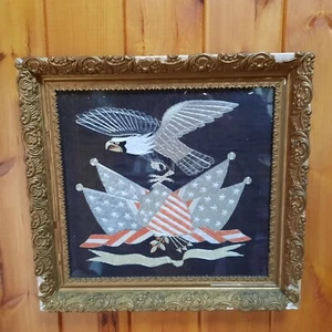 Antique Japanese Export Silk Embroidery Americana Patriotic Panel - Picture 1 of 12