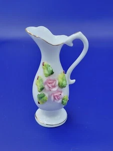 Vintage Miniature Porcelain Pitcher or Vase with Raised Floral & Gold Trim - Picture 1 of 6