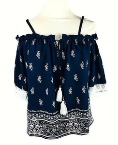 J Crew Womens Sz. S floral printed peasant top blue cold shoulder crop tie front - Picture 1 of 6
