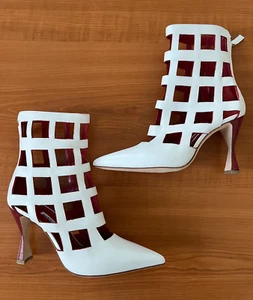 Manolo Blahnik/Leather White Caged Boots w/Sculptural Red Stacked Heel/Sz.38/NWB - Picture 1 of 13