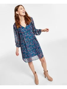 INC DRESSES Womens Blue Lined Belted Blouson Sleeve Above The Knee Shift Dress S - Picture 1 of 3