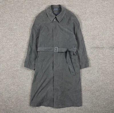 Micro Suede Belted Long Trench Overcoat Men 42R Removable Liner GREEN (see desc) - Image 1 of 4