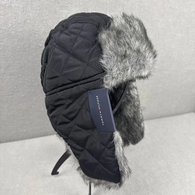 Chapéu caçador acolchoado Tommy Hilfiger preto forrado de pele sintética inverno novo com etiquetas tamanho único - Imagem 1 de 4