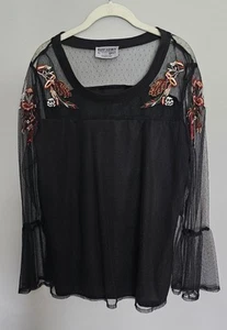 NWT Ruff Hewn Black Swiss Dot Floral Embroidered Mesh Bell Sleeve Semi-Sheer Top - Picture 1 of 14