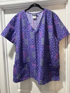 SB Scrubs Purple Circles Medical Scrub Top Size 2X Green Pink Black - Picture 1 of 10