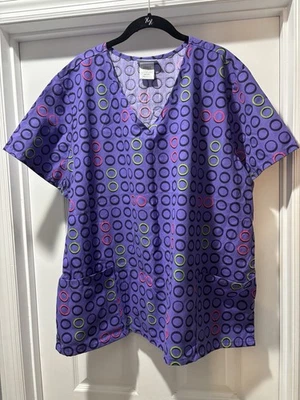 SB Scrubs Purple Circles Medical Scrub Top Size 2X Green Pink Black - Image 1 of 4
