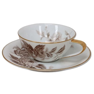 Noritake Lasalle 5142 Flat Tea Cup Saucer Brown Floral Gold Trim Japan 1950's - Picture 1 of 4