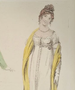 London Dress 1809 Original Fashionprint Mode Regency Radierung Kleid Coat Turban - Bild 1 von 2