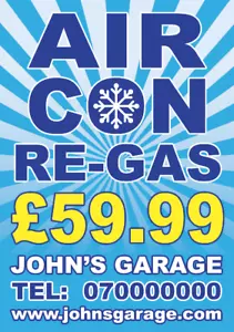 Air Con Re-Gas Re Gas Garage Business Poster Sign Notice Bespoke Price Text Name - Picture 1 of 1