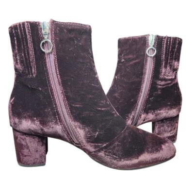 Earth Sparta Borgoña Terciopelo Botines Púrpura Tacón Bloque Punta Redonda Bruja 8.5 Foto 1 de 4