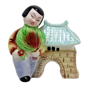 Planter Japanese Ceramic Bridge and Girl Hand Painted Small 4.5" High x 4" Wide - Picture 1 of 5