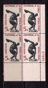 US USA Sc# 1262 MNH FVF PLATE # BLOCK Sokols Physical Fitness Athlete Discus - Picture 1 of 1