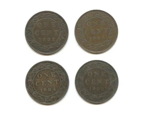 1902, 03, 04,  1905 Canada Large Cents, Lot of (4) Coins, Free Shipping Cover