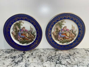 Set Of 2 Limoges France Decorative Plates Cobalt Blue - Gold Rim-Guy Girl Sheep - Bild 1 von 7