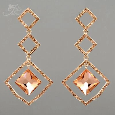 ROSE GOLD Plated Peach Crystal Rhinestone Square Drop Dangle Earrings 2779 Prom - Image 1 of 4