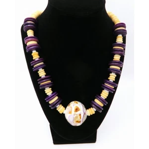 Vintage Boho Wood Bead Necklace w/ Mosaic Focal Bead Purple & Beige Tribal Style - Picture 1 of 11