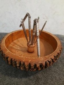 Large Vintage Tree Bark Nut Bowl with 2 Nut Crackers & 5 Picks - Picture 1 of 16