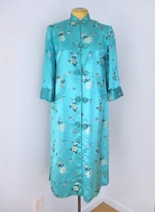 Vtg 60s Peony Turquoise Satin Brocade Asian Floral Robe Dressing Gown Frogs S/M - Picture 1 of 12