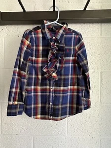 EUC Ralph Lauren Girls Long Sleeve Shirt Plaid Ruffle Front Blouse SIZE 6 Pony - Picture 1 of 8