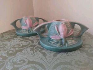 Pair Roseville Art Pottery Water Lily 1154-2 Candlestick Holders - Picture 1 of 3
