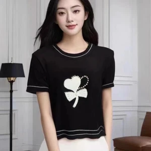 French Sweet Beading Love Flowers Round Neck Short Sleeve Knit T-shirt For W _yi - Picture 1 of 13