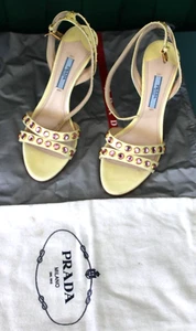 PRADA SIZE 37 YELLOW PINK METALLIC HEELS Pumps STRAPS  US 6.5 OR 7 NWT NWOB - Picture 1 of 16