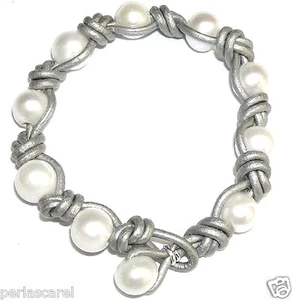 PULSERA de PERLAS CULTIVADAS Y CUERO gris metalizado. 10 Perlas cultivadas 10 mm - Picture 1 of 2