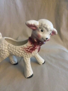 Vintage Ceramic Succulent Planter. Big Eyed Lamb With Red Bow Used - Picture 1 of 6