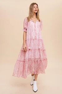 In Loom Women's Paisley Floral Print Short Sleeve Tiered Midi Dress in Pink - Picture 1 of 4