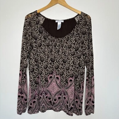Lizwear Mesh Blouse Womens Size 2XL Floral Brown Purple Paisley Art Y2K 90s - Image 1 of 4
