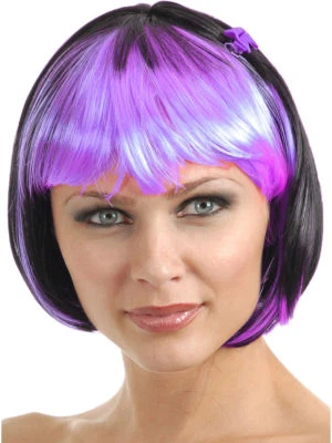 Black Purple 2-Tone Glamour Costume Bob Wig w/ bangs. One Size Fits Most.. - Image 1 of 2