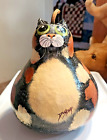 Signed Large Hand Painted Gourd Decor CAT Vintage Folk Art Whimsical Kitty Cat