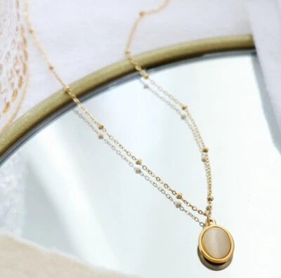 Mujer Niña Titanio Acero Inoxidable Ópalo Blanco Ovalado Oro Moneda Collar 16-18" Foto 1 de 4