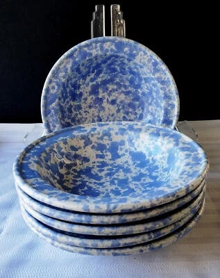 Seis tigelas de sopa vintage Bennington Potters Vermont Morning Glory azul esponja - Imagem 1 de 4