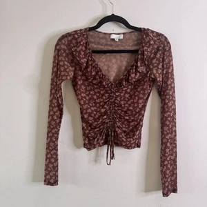 Y2K Wine Floral Mesh Top Fairy Grunge V-Neck Ruffle Whimsygoth Fairy Blouse xs - Picture 1 of 4