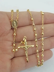 14 Karat Gelbgold plattiert Rosenkranz Halskette Damen 21 Jesus Kruzifix Diamantschliff massiv - Bild 1 von 3
