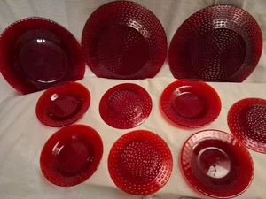 7 - 6" Vintage  Ruby Red  Dessert & 3  10" Dinner Plates Amberina Glass Hobnail  - Picture 1 of 12