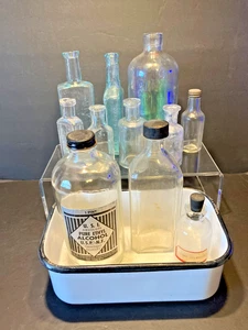 VINTAGE ASSORTED GLASS BOTTLES + ENAMEL TRAY - Picture 1 of 3